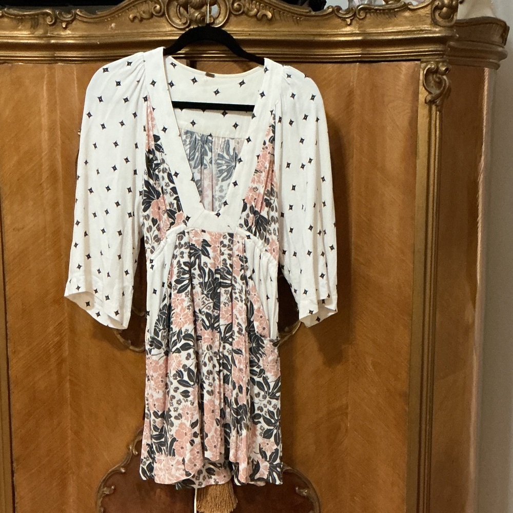 Free People White Tunic with Blush & Charcoal Floral Panels